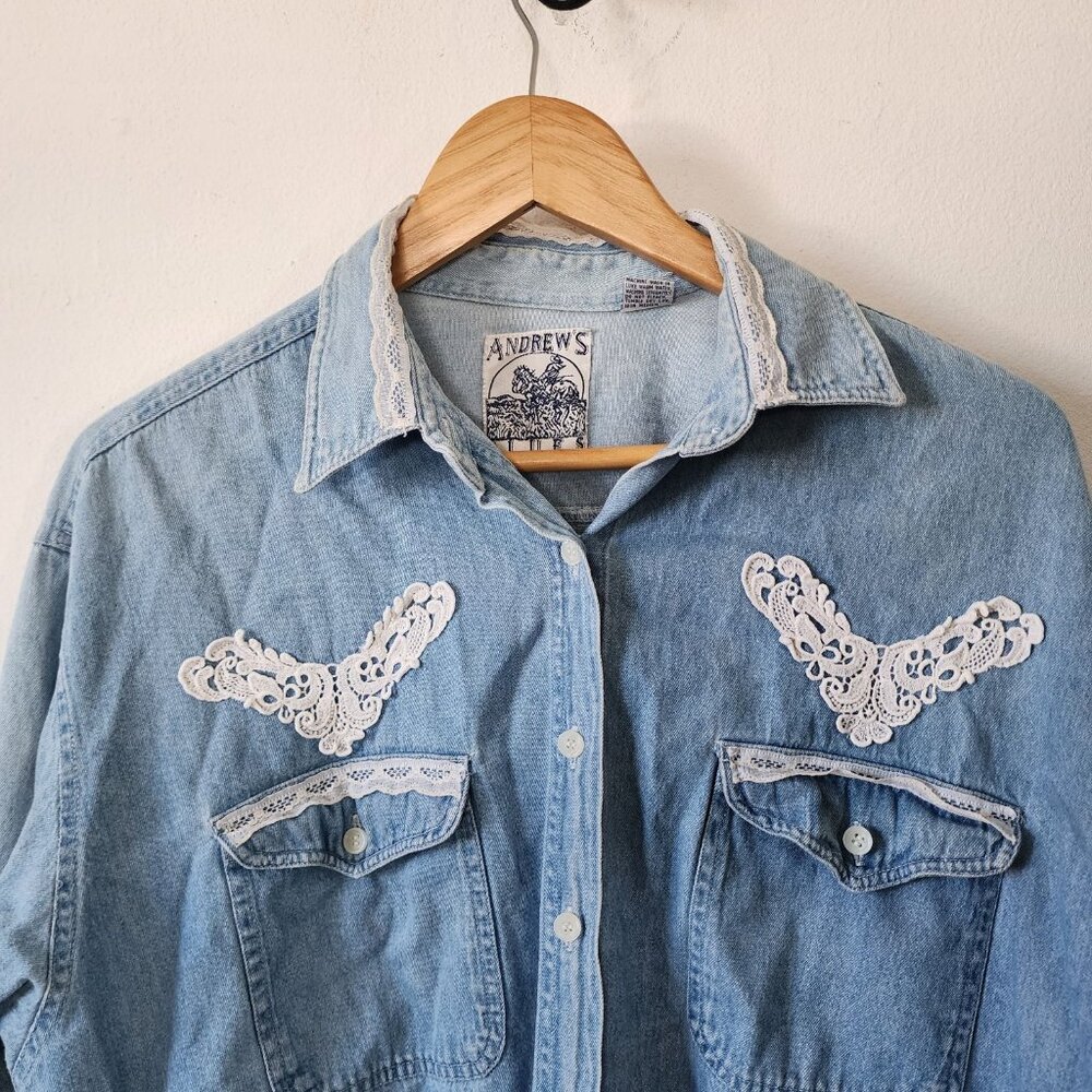 Womens Andrews Blues L Vintage Denim Chambray Embroidered Button Down Shirt